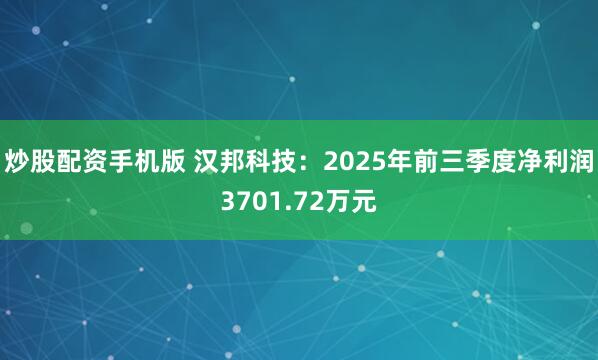 炒股配资手机版 汉邦科技：2025年前三季度净利润3701.72万元